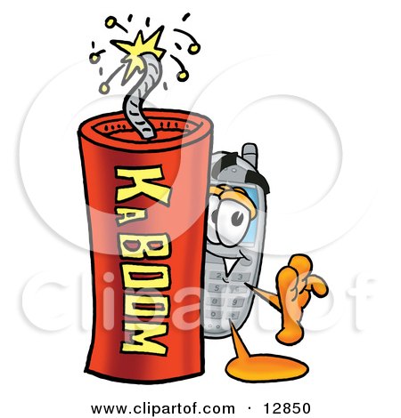 Clipart Picture of a Wireless Cellular Telephone Mascot Cartoon Character Standing With a Lit Stick of Dynamite by Mascot Junction