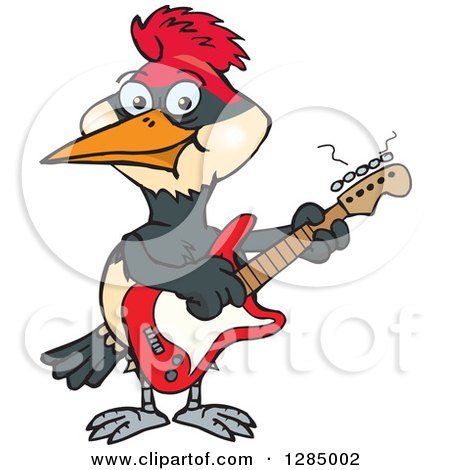 Clipart of a Cartoon Happy Woodpecker Playing an Electric Guitar - Royalty Free Vector Illustration by Dennis Holmes Designs