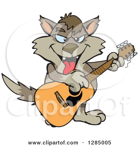 Clipart of a Cartoon Happy Wolf Playing an Acoustic Guitar - Royalty Free Vector Illustration by Dennis Holmes Designs