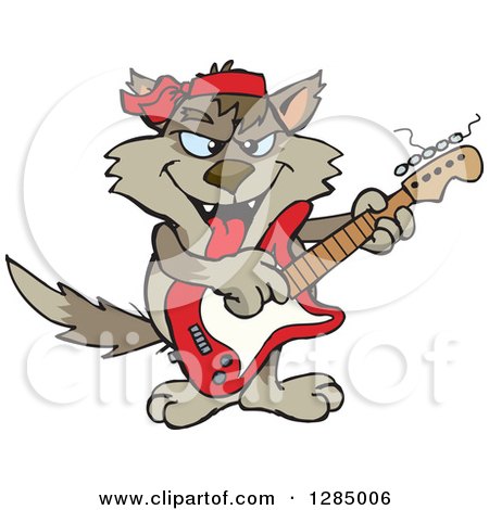 Clipart of a Cartoon Happy Wolf Playing an Electric Guitar - Royalty Free Vector Illustration by Dennis Holmes Designs