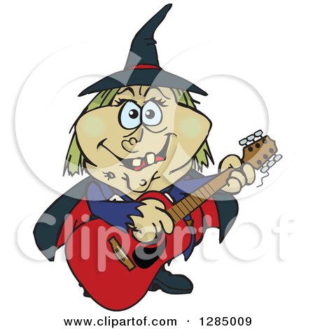 Clipart of a Cartoon Happy Witch Playing an Acoustic Guitar - Royalty Free Vector Illustration by Dennis Holmes Designs