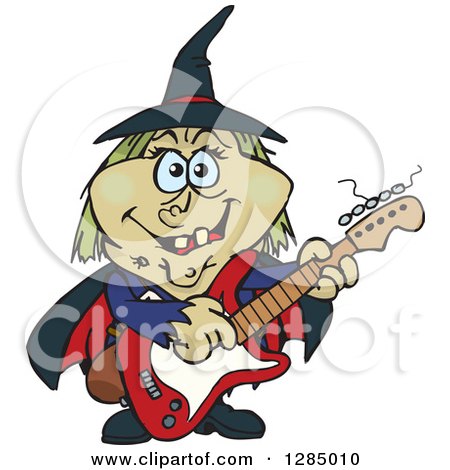 Clipart of a Cartoon Happy Witch Playing an Electric Guitar - Royalty Free Vector Illustration by Dennis Holmes Designs