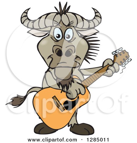 Clipart of a Cartoon Happy Wildebeest Playing an Acoustic Guitar - Royalty Free Vector Illustration by Dennis Holmes Designs