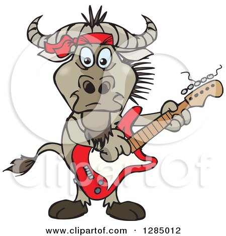 Clipart of a Cartoon Happy Wildebeest Playing an Electric Guitar - Royalty Free Vector Illustration by Dennis Holmes Designs