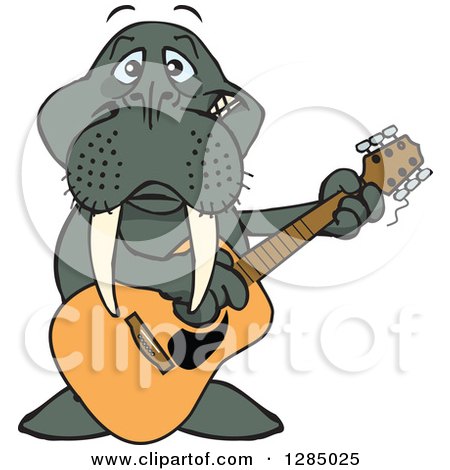 Clipart of a Cartoon Happy Walrus Playing an Acoustic Guitar - Royalty Free Vector Illustration by Dennis Holmes Designs