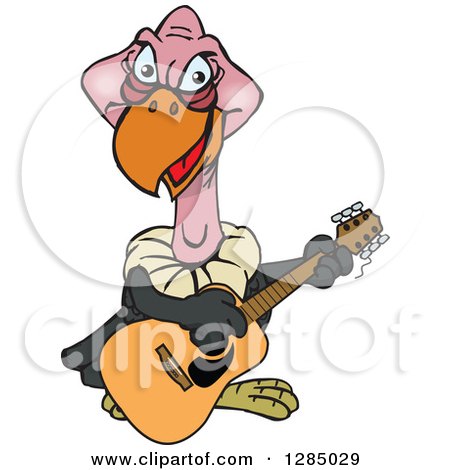 Clipart of a Cartoon Happy Vulture Playing an Acoustic Guitar - Royalty Free Vector Illustration by Dennis Holmes Designs