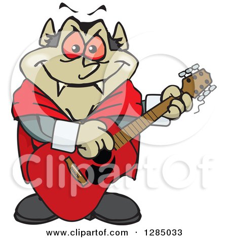 Clipart of a Cartoon Happy Dracula Vampire Playing an Acoustic Guitar - Royalty Free Vector Illustration by Dennis Holmes Designs