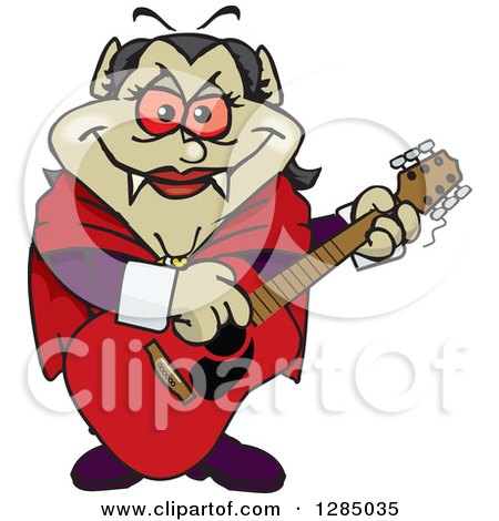 Clipart of a Cartoon Happy Vampiress Playing an Acoustic Guitar - Royalty Free Vector Illustration by Dennis Holmes Designs