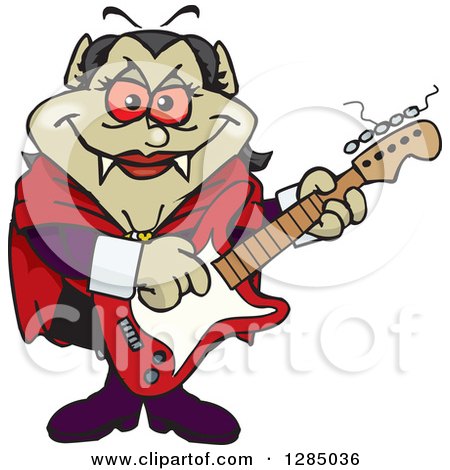 Clipart of a Cartoon Happy Vampiress Playing an Electric Guitar - Royalty Free Vector Illustration by Dennis Holmes Designs