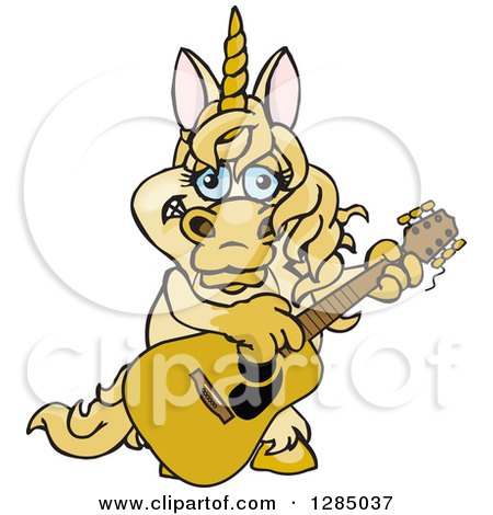 Clipart of a Cartoon Happy Unicorn Playing an Acoustic Guitar - Royalty Free Vector Illustration by Dennis Holmes Designs