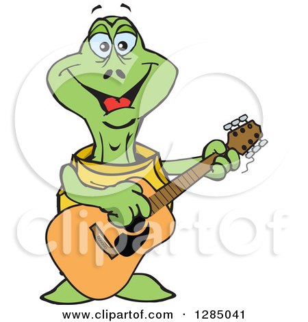 Clipart of a Cartoon Happy Turtle Playing an Acoustic Guitar - Royalty Free Vector Illustration by Dennis Holmes Designs