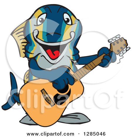 Clipart of a Cartoon Happy Tuna Fish Playing an Electric Guitar - Royalty Free Vector Illustration by Dennis Holmes Designs