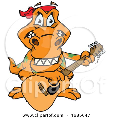 Clipart of a Cartoon Happy T Rex Dinosaur Playing an Acoustic Guitar - Royalty Free Vector Illustration by Dennis Holmes Designs
