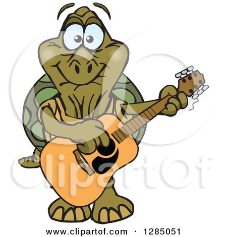 Clipart of a Cartoon Happy Tortoise Playing an Acoustic Guitar - Royalty Free Vector Illustration by Dennis Holmes Designs