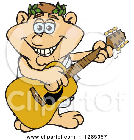 Clipart of a Cartoon Happy Greek Man Playing an Acoustic Guitar - Royalty Free Vector Illustration by Dennis Holmes Designs