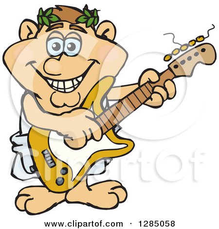 Clipart of a Cartoon Happy Greek Man Playing an Electric Guitar - Royalty Free Vector Illustration by Dennis Holmes Designs