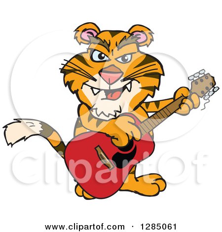 Clipart of a Cartoon Happy Tiger Playing an Acoustic Guitar - Royalty Free Vector Illustration by Dennis Holmes Designs