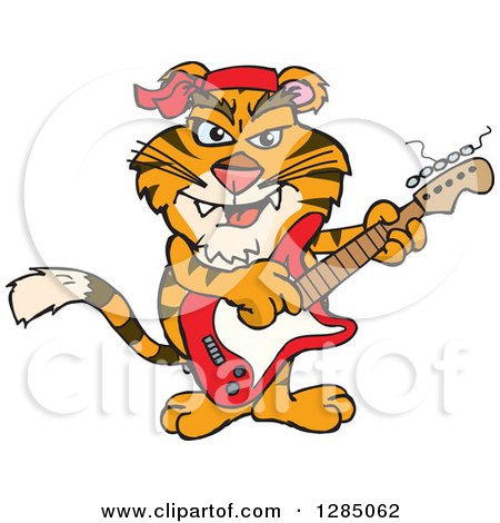 Clipart of a Cartoon Happy Tiger Playing an Electric Guitar - Royalty Free Vector Illustration by Dennis Holmes Designs