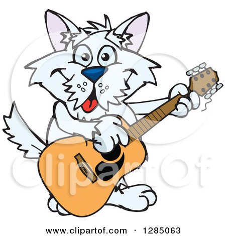 Clipart of a Cartoon Happy Terrier Dog Playing an Acoustic Guitar - Royalty Free Vector Illustration by Dennis Holmes Designs