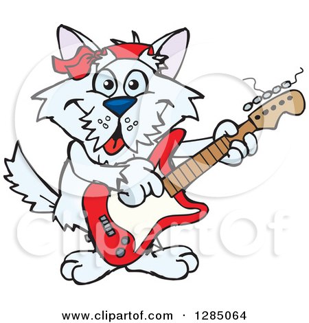 Clipart of a Cartoon Happy Terrier Dog Playing an Electric Guitar - Royalty Free Vector Illustration by Dennis Holmes Designs