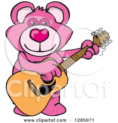 Clipart of a Cartoon Happy Pink Teddy Bear Playing an Acoustic Guitar - Royalty Free Vector Illustration by Dennis Holmes Designs