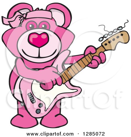 Clipart of a Cartoon Happy Pink Teddy Bear Playing an Electric Guitar - Royalty Free Vector Illustration by Dennis Holmes Designs