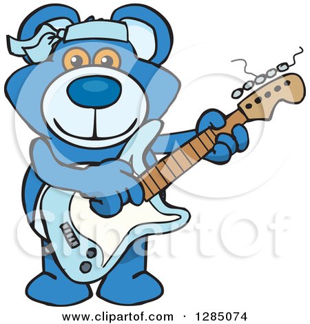 Clipart of a Cartoon Happy Blue Teddy Bear Playing an Electric Guitar - Royalty Free Vector Illustration by Dennis Holmes Designs