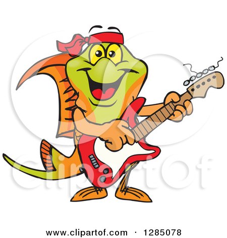 Clipart of a Cartoon Happy Swordtail Fish Playing an Electric Guitar - Royalty Free Vector Illustration by Dennis Holmes Designs