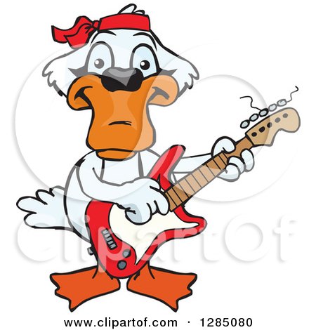 Clipart of a Cartoon Happy Mute Swan Playing an Electric Guitar - Royalty Free Vector Illustration by Dennis Holmes Designs