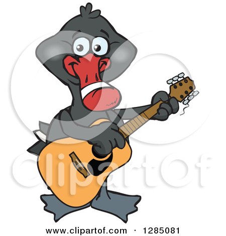 Clipart of a Cartoon Happy Black Swan Playing an Acoustic Guitar - Royalty Free Vector Illustration by Dennis Holmes Designs