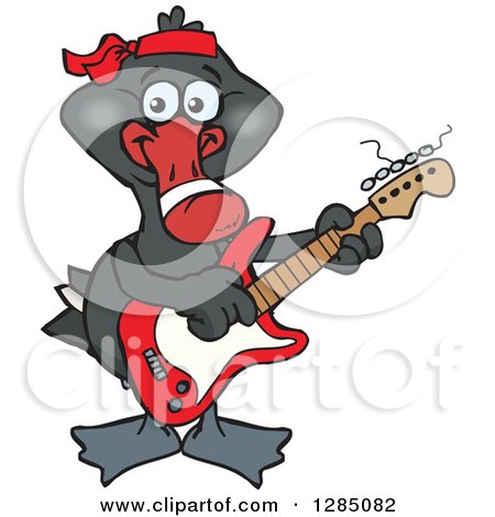 Clipart of a Cartoon Happy Black Swan Playing an Electric Guitar - Royalty Free Vector Illustration by Dennis Holmes Designs