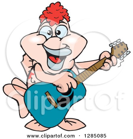 Clipart of a Cartoon Happy Pink Goldfish Playing an Acoustic Guitar - Royalty Free Vector Illustration by Dennis Holmes Designs