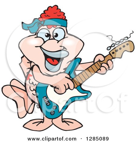Clipart of a Cartoon Happy Pink Goldfish Playing an Electric Guitar - Royalty Free Vector Illustration by Dennis Holmes Designs