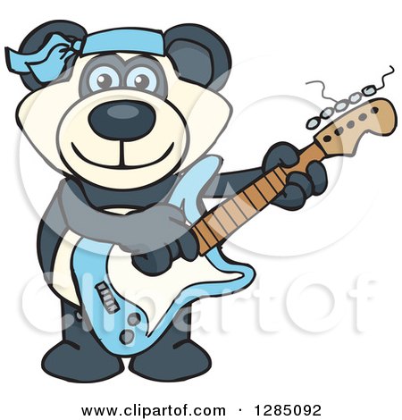 Clipart of a Cartoon Happy Blue Eyed Panda Playing an Electric Guitar - Royalty Free Vector Illustration by Dennis Holmes Designs