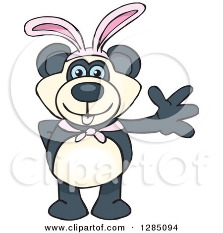 Clipart of a Friendly Waving Blue Eyed Panda Wearing Easter Bunny Ears - Royalty Free Vector Illustration by Dennis Holmes Designs