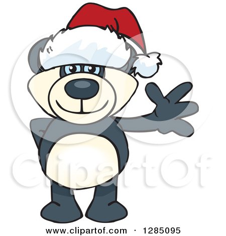 Clipart of a Friendly Waving Blue Eyed Panda Wearing a Christmas Santa Hat - Royalty Free Vector Illustration by Dennis Holmes Designs