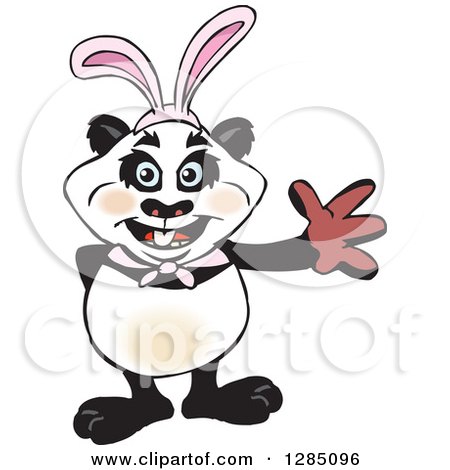Clipart of a Friendly Waving Panda Wearing Easter Bunny Ears - Royalty Free Vector Illustration by Dennis Holmes Designs