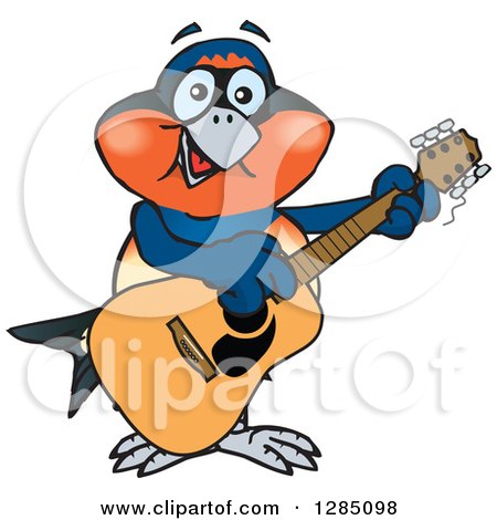 Clipart of a Cartoon Happy Swallow Bird Playing an Acoustic Guitar - Royalty Free Vector Illustration by Dennis Holmes Designs