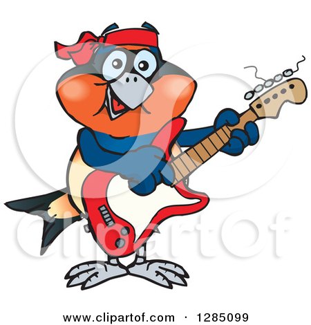 Clipart of a Cartoon Happy Swallow Bird Playing an Electric Guitar - Royalty Free Vector Illustration by Dennis Holmes Designs