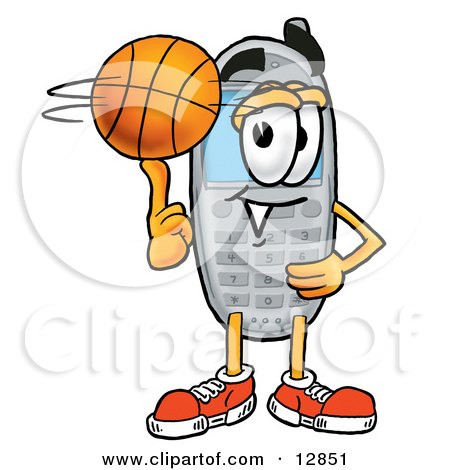 Clipart Picture of a Wireless Cellular Telephone Mascot Cartoon Character Spinning a Basketball on His Finger by Mascot Junction