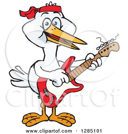 Clipart of a Cartoon Happy Stork Playing an Electric Guitar - Royalty Free Vector Illustration by Dennis Holmes Designs