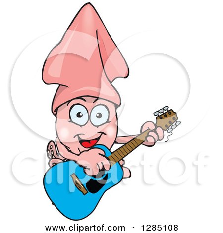 Clipart of a Cartoon Happy Squid Playing an Acoustic Guitar - Royalty Free Vector Illustration by Dennis Holmes Designs