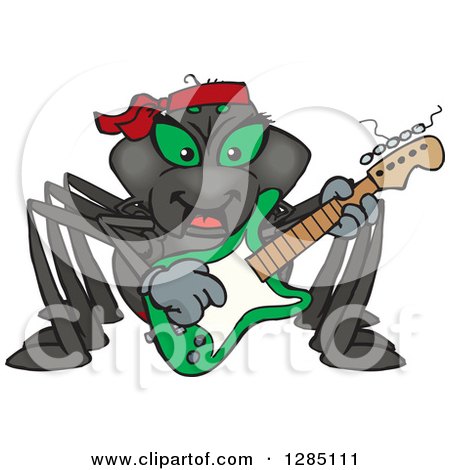 Clipart of a Cartoon Happy Black Widow Spider Playing an Electric Guitar - Royalty Free Vector Illustration by Dennis Holmes Designs