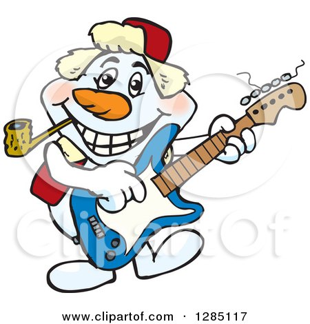 Clipart of a Cartoon Happy Snowman Smoking a Pipe and Playing an Electric Guitar - Royalty Free Vector Illustration by Dennis Holmes Designs
