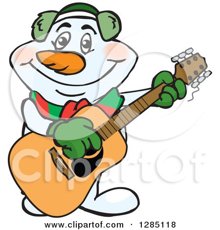 Clipart of a Cartoon Happy Snowman Smoking a Pipe and Playing an Acoustic Guitar - Royalty Free Vector Illustration by Dennis Holmes Designs