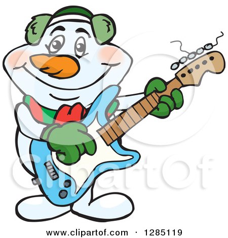 Clipart of a Cartoon Happy Snowman Smoking a Pipe and Playing an Electric Guitar - Royalty Free Vector Illustration by Dennis Holmes Designs