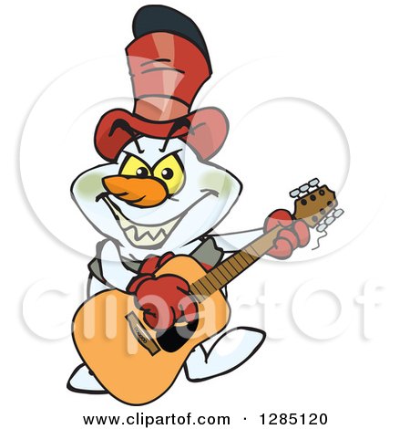 Clipart of a Cartoon Evil Snowman Playing a Wooden Acoustic Guitar - Royalty Free Vector Illustration by Dennis Holmes Designs