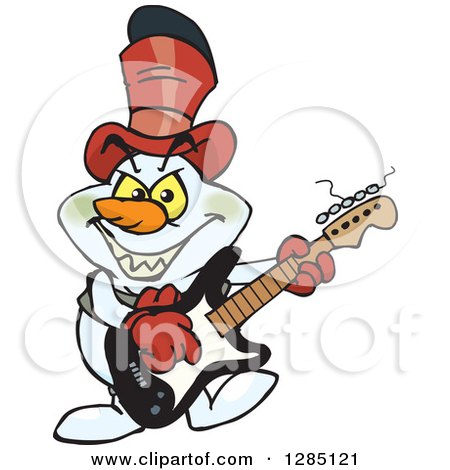 Clipart of a Cartoon Evil Snowman Playing a Black and White Electric Guitar - Royalty Free Vector Illustration by Dennis Holmes Designs