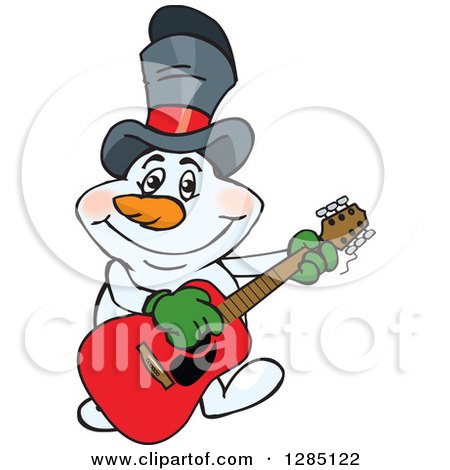 Clipart of a Cartoon Happy Snowman Wearing a Top Hat and Playing an Acoustic Guitar - Royalty Free Vector Illustration by Dennis Holmes Designs