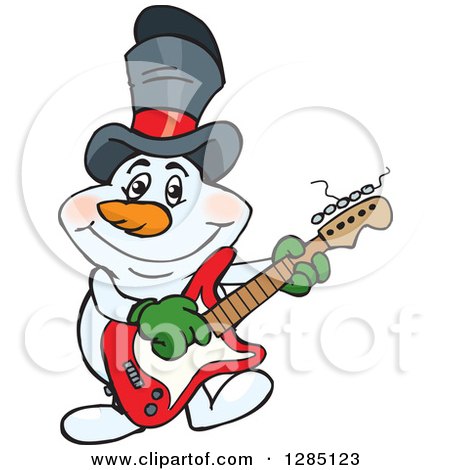 Clipart of a Cartoon Happy Snowman Wearing a Top Hat and Playing an Electric Guitar - Royalty Free Vector Illustration by Dennis Holmes Designs